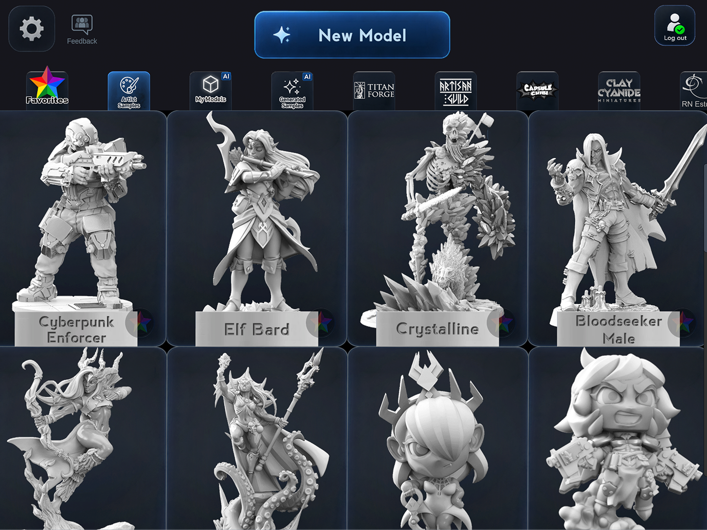 ColorMinis model gallery showing unpainted fantasy and science-fiction figures from featured artists