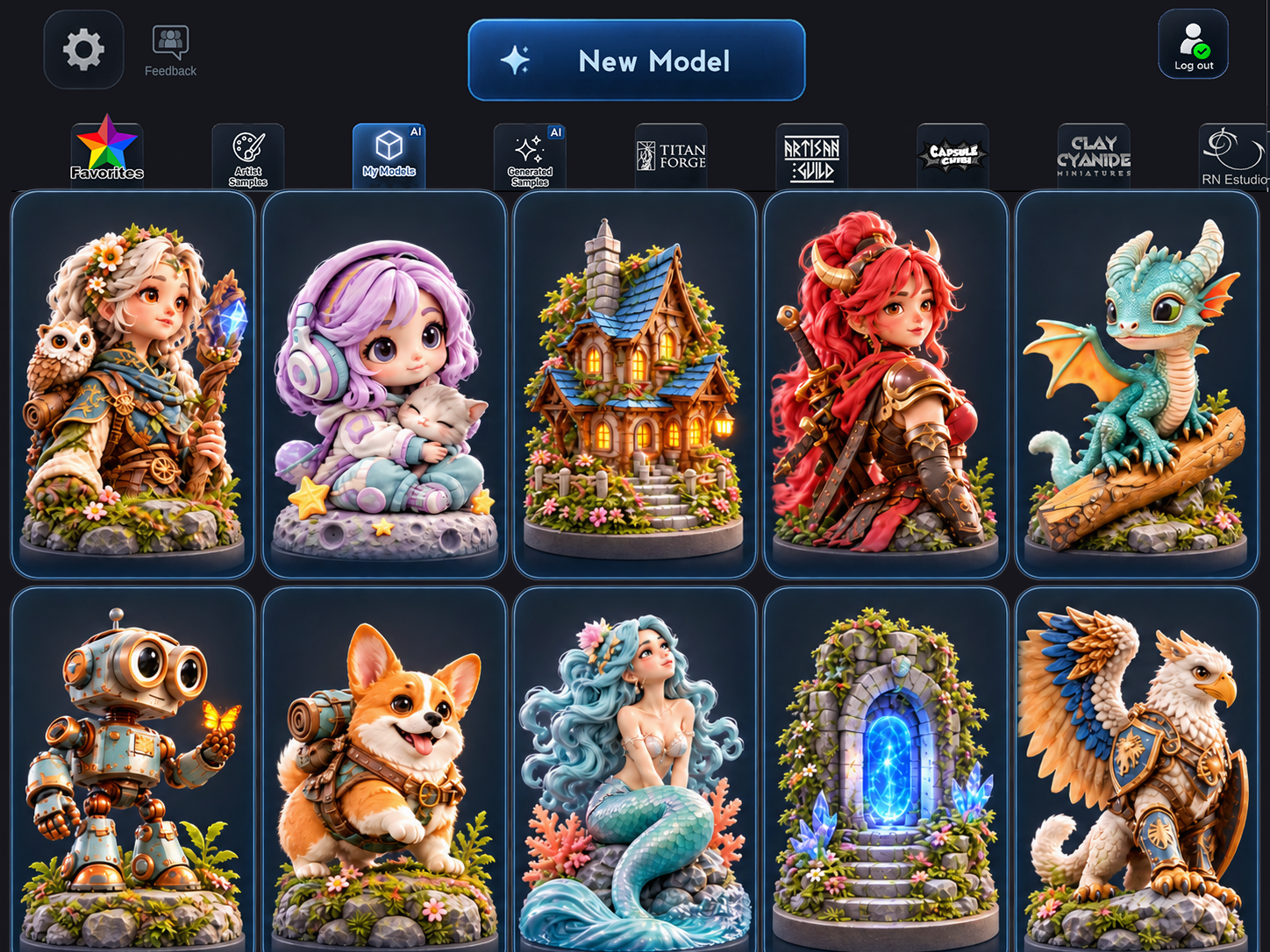 Colorful sample collection of fantasy and whimsical 3D figures, creatures, a cottage and a portal