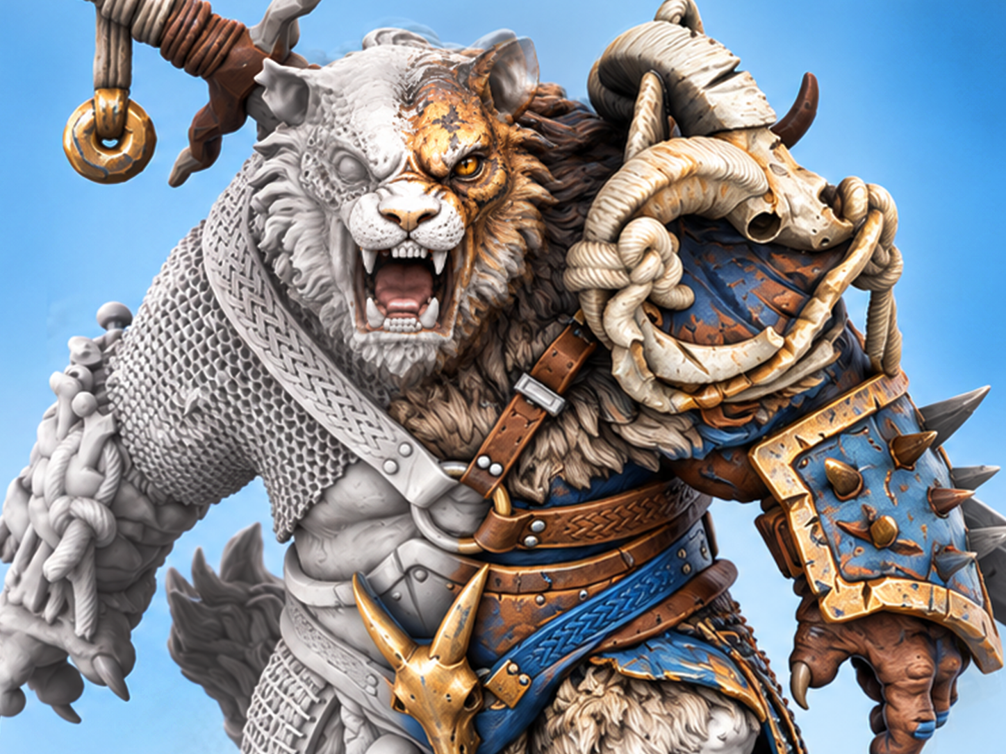 Close view of a fantasy feline warrior miniature with painted armor and unpainted sculpted detail