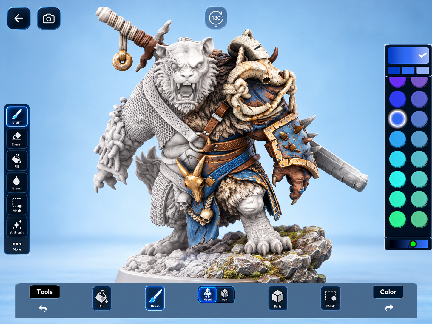 ColorMinis painting interface with a miniature and color palette