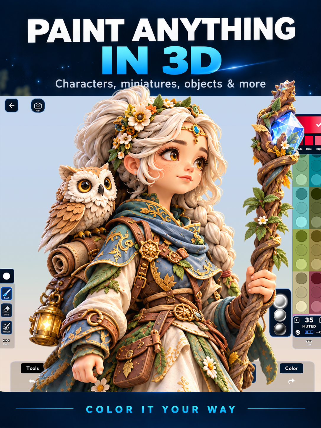 Illustrated druid figurine with owl and staff shown alongside sample painting controls