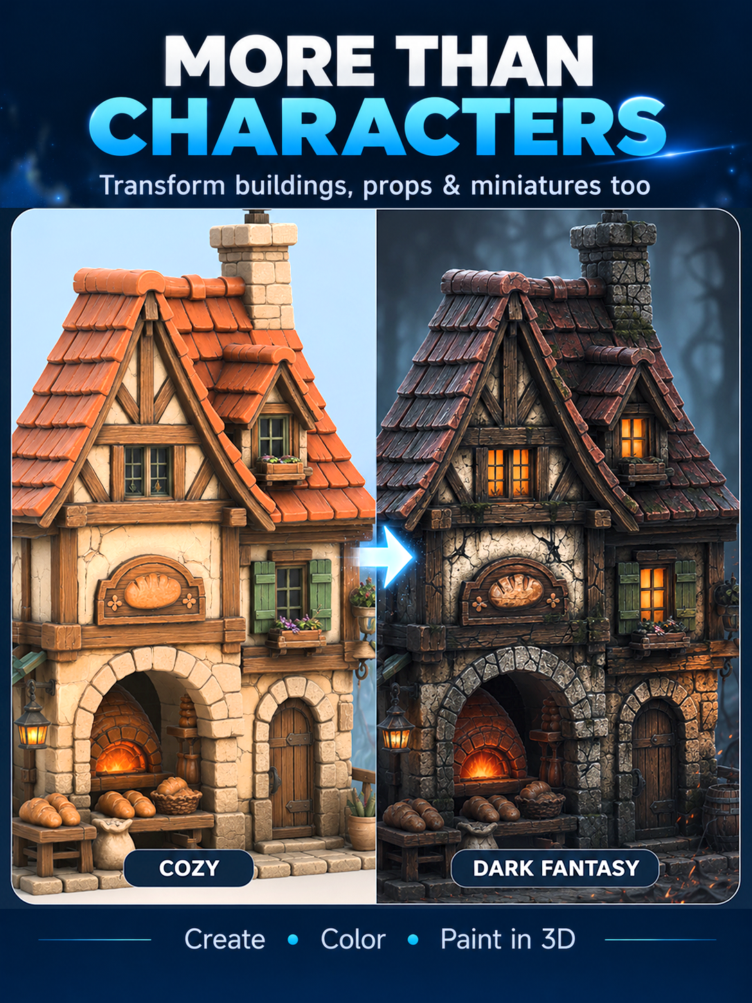 Promotional image showing a cozy cottage changed into a dark fantasy version