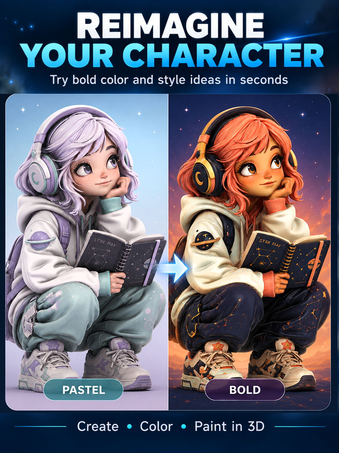 Before and after character recolor concepts showing different visual styles