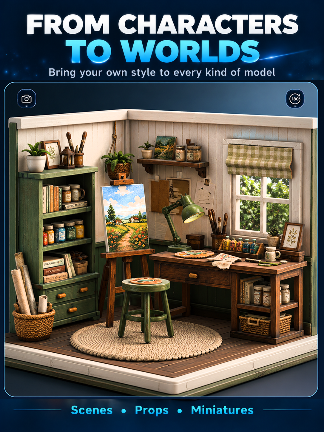 Illustrated miniature artist studio room with shelves, furniture, supplies and paintings
