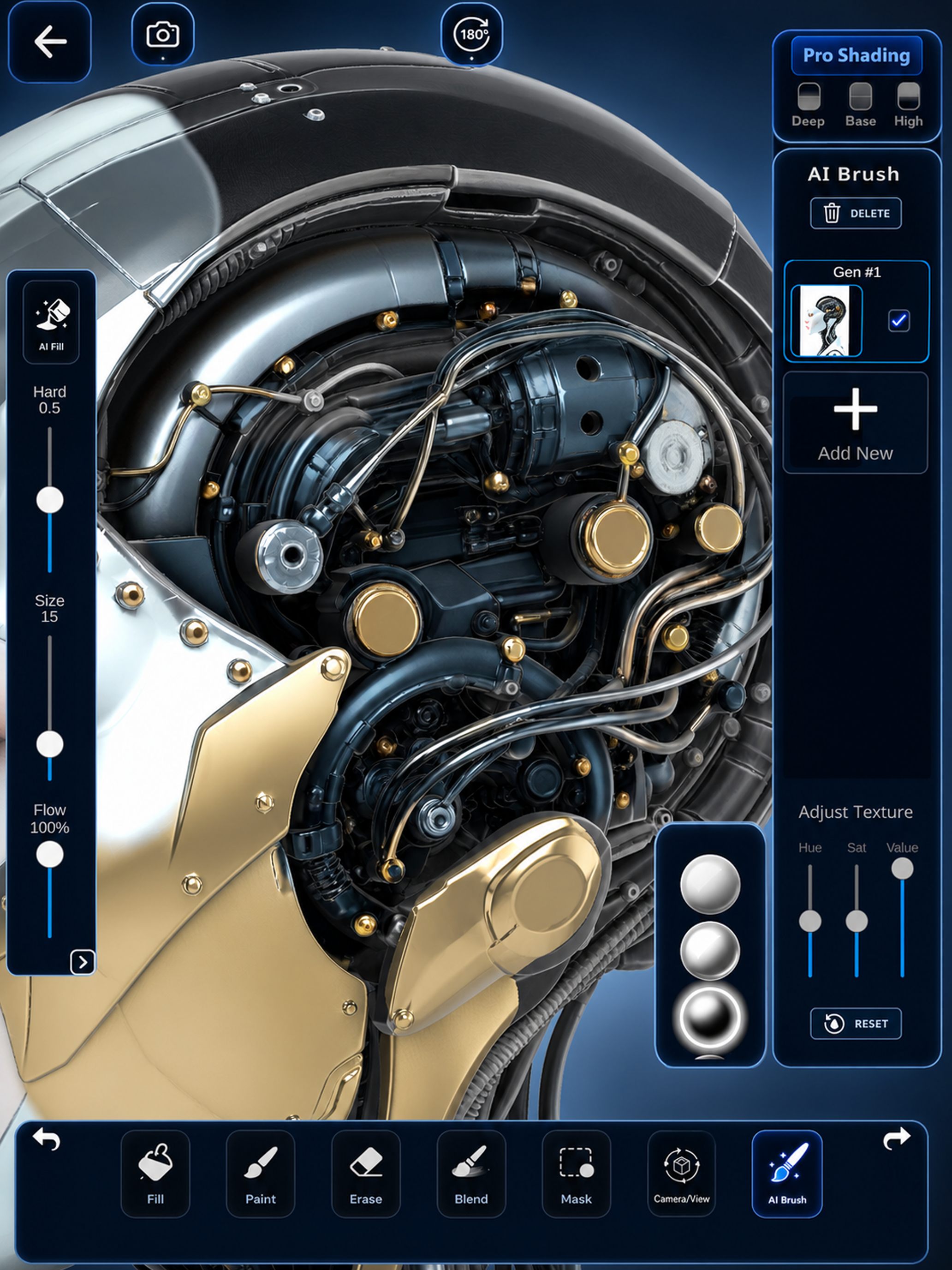Close-up ColorMinis AI Brush editing view showing detailed mechanical textures and PBR materials