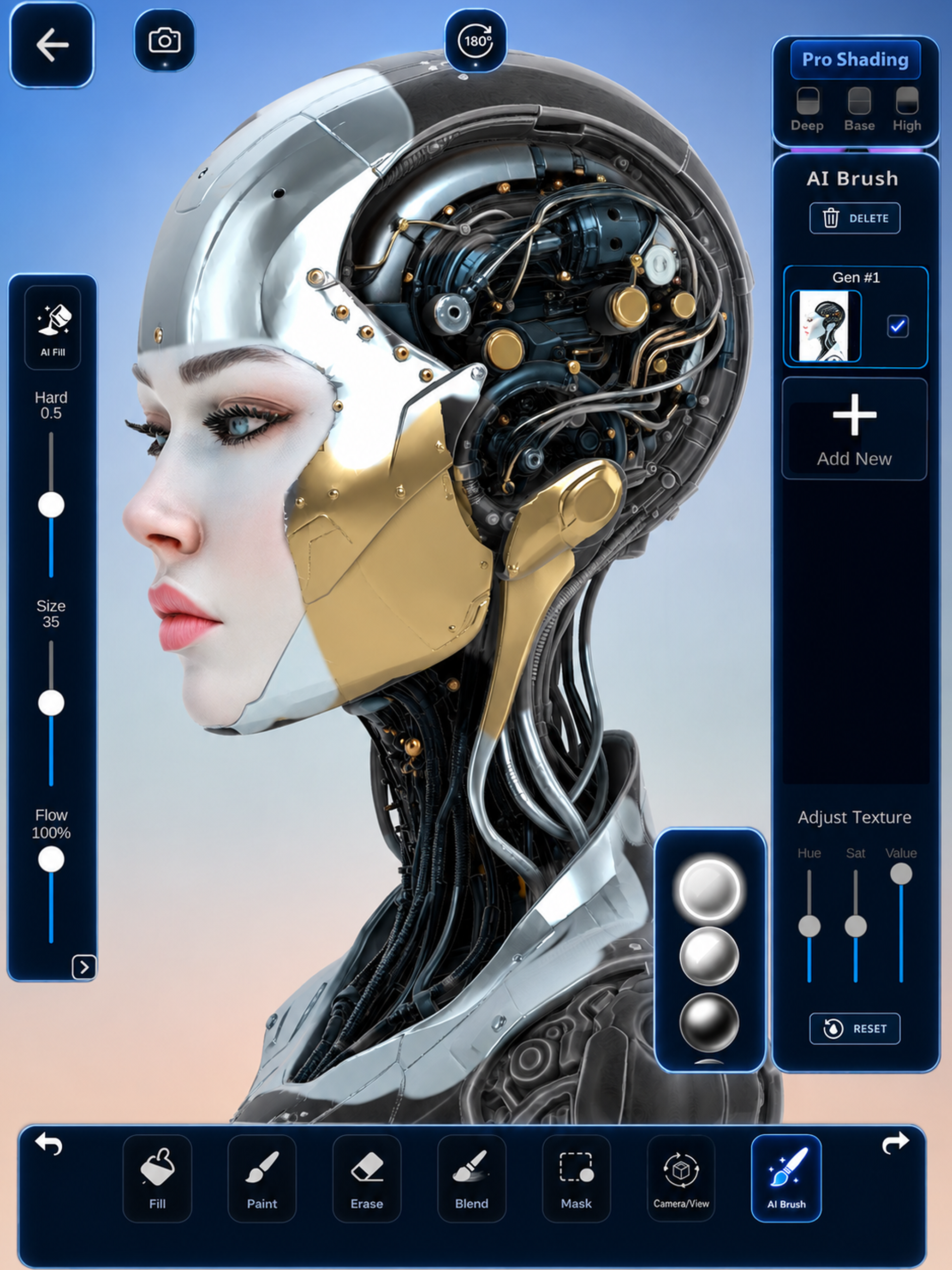 Finished robot portrait combining hand-painted PBR materials with AI texture details