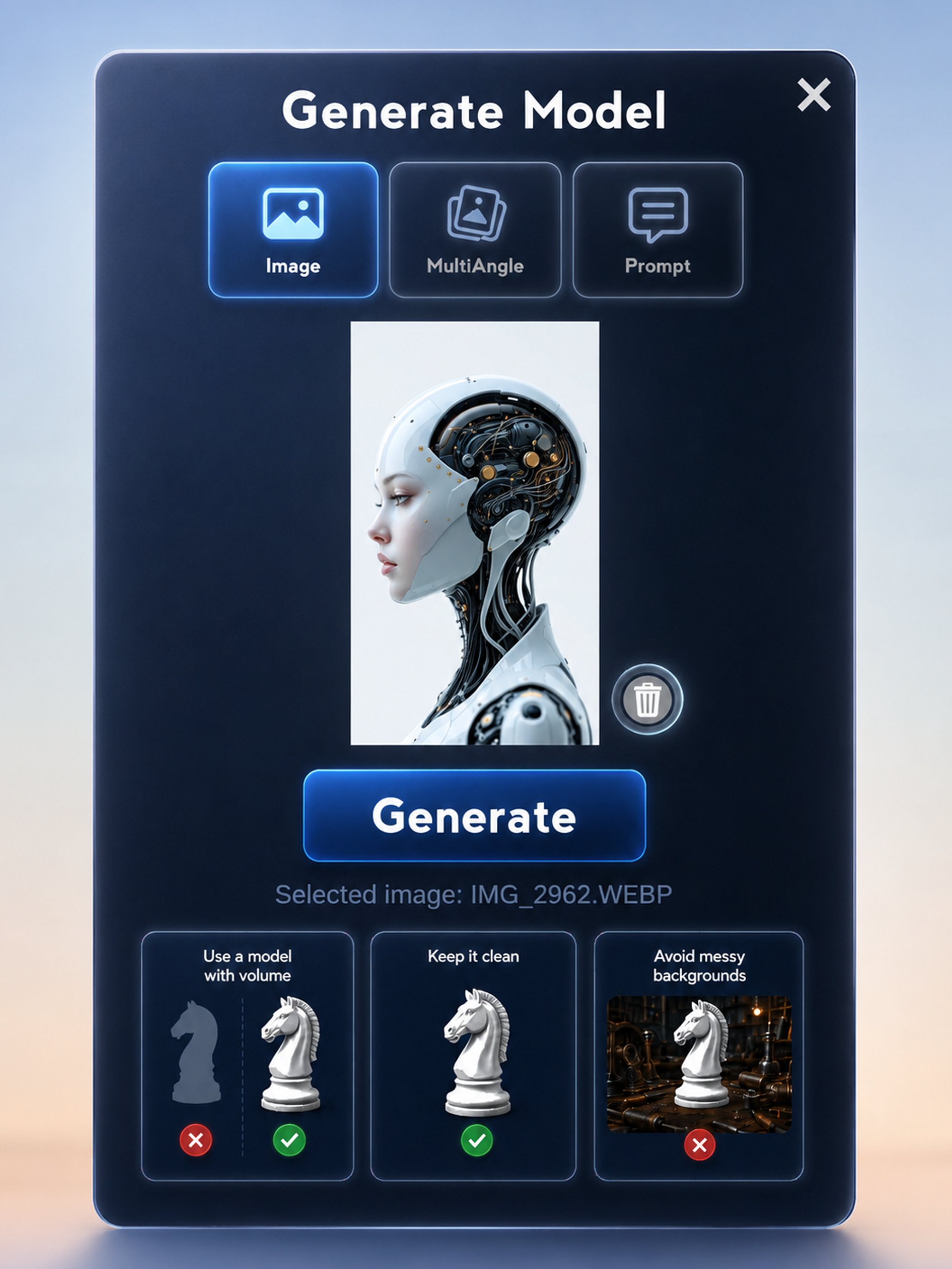 ColorMinis AI 3D model generation screen with image, prompt and multi-angle input modes