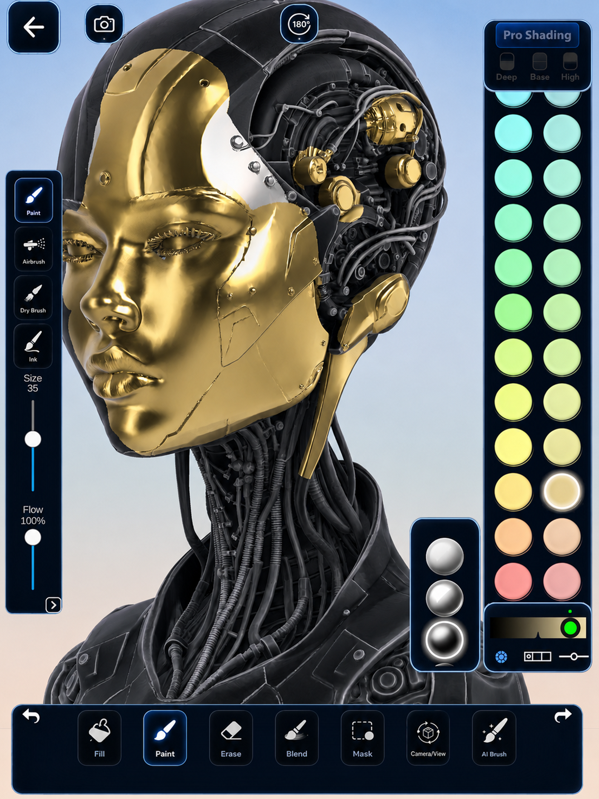 Robot model painted with gold metallic and dark PBR materials in ColorMinis